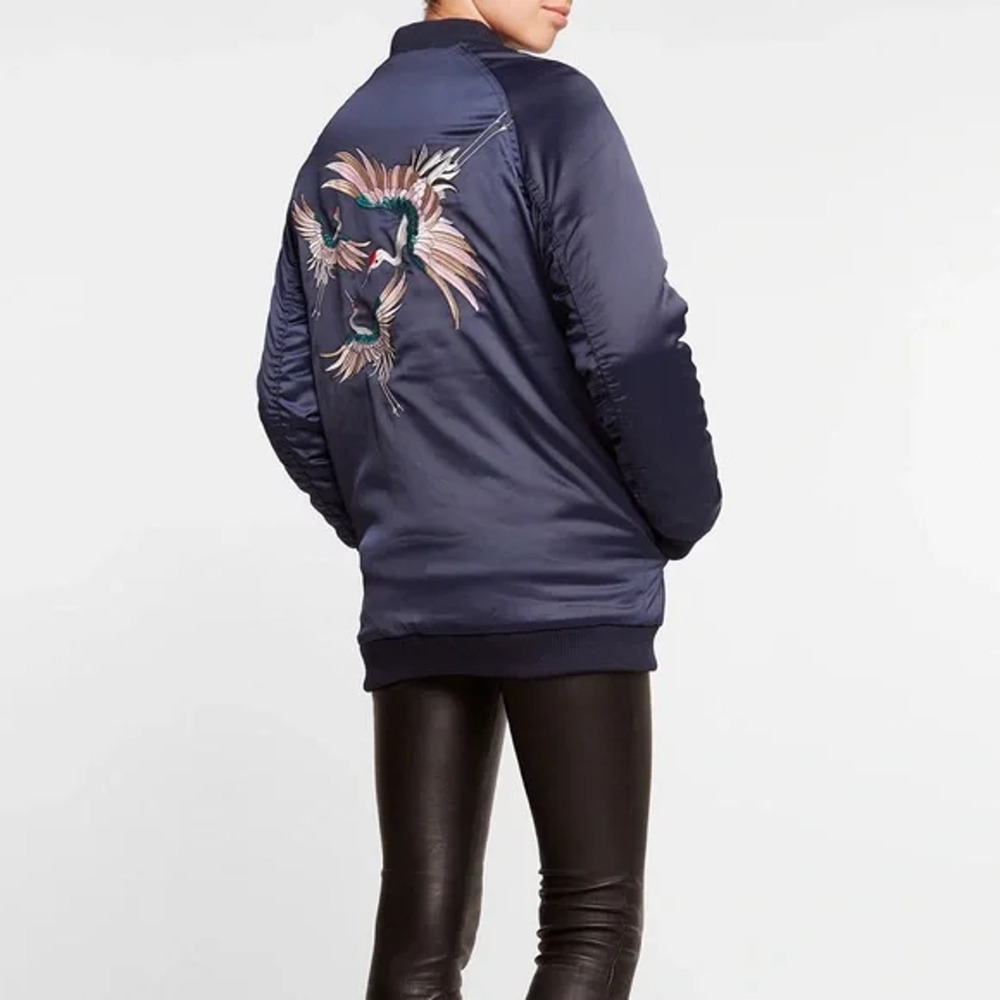 Zoe Karssen Navy Long Satin Bomber Jacket Big in Japan Size XS NWT $325